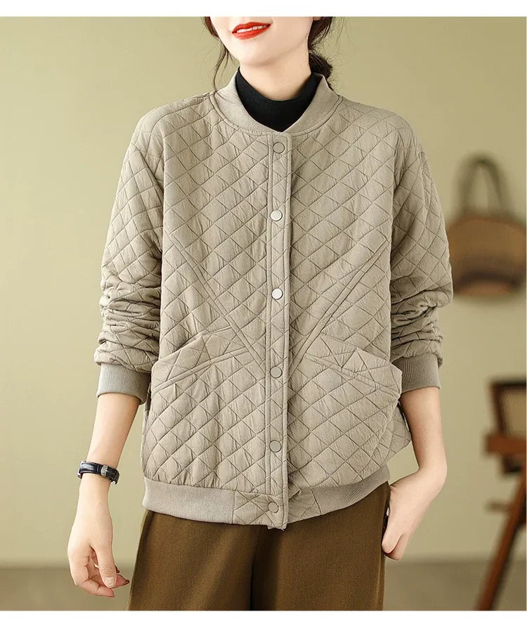 Quilted Padded Jacket with Stand Collar and Snap Buttons
