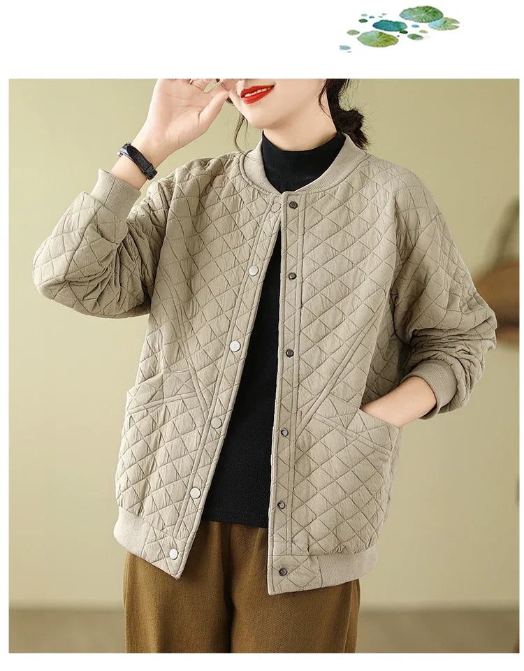 Quilted Padded Jacket with Stand Collar and Snap Buttons