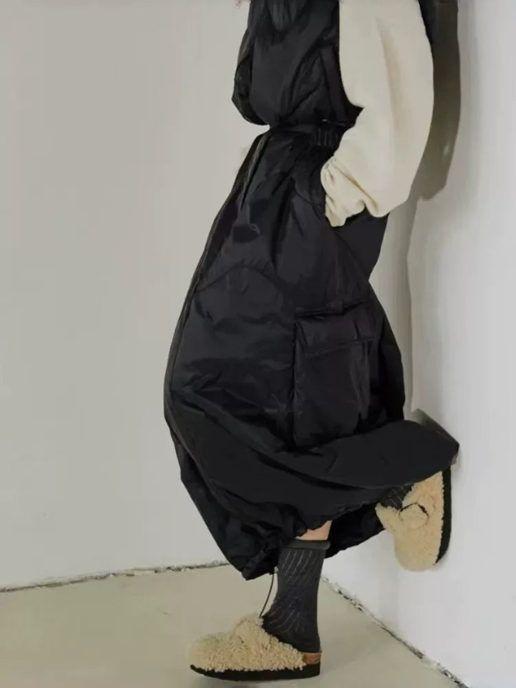 Quilted Padded Maxi Skirt with Cargo Pockets