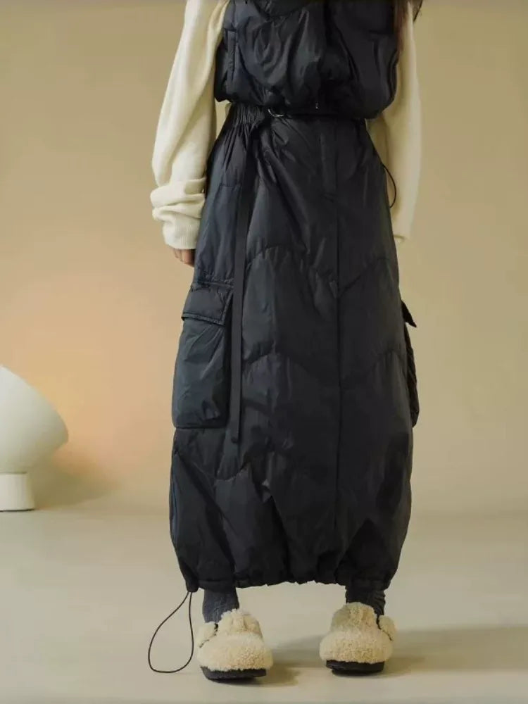 Quilted Padded Maxi Skirt with Cargo Pockets