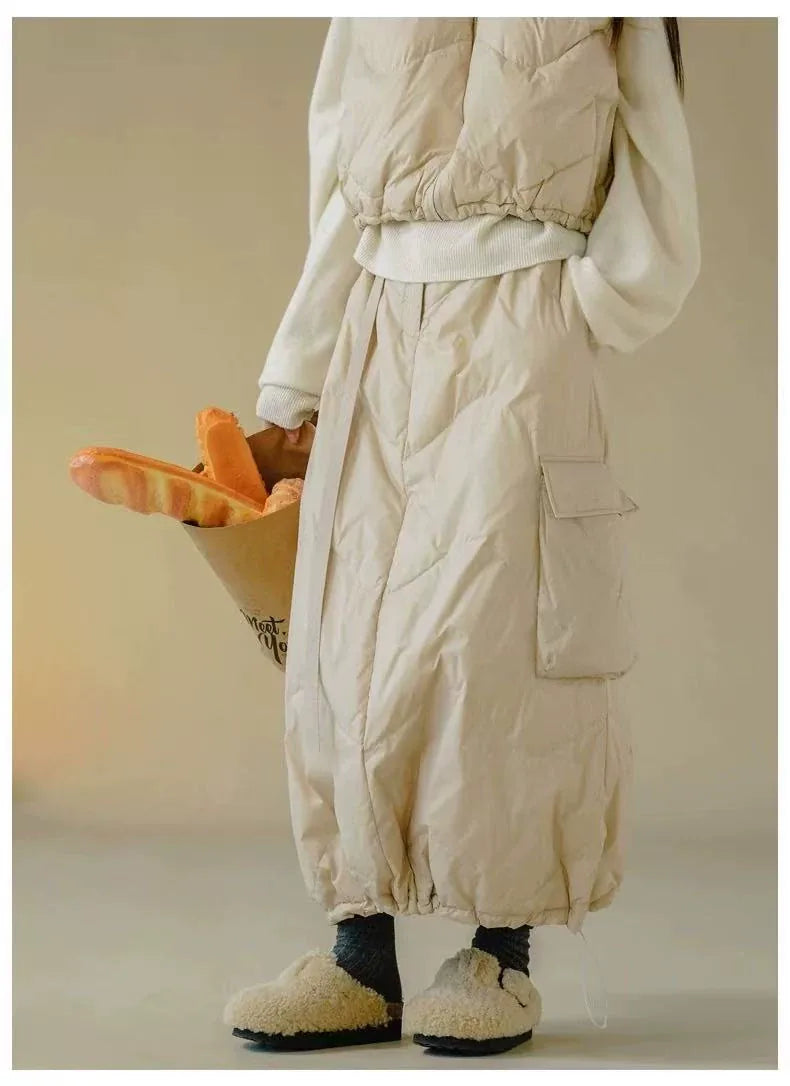Quilted Padded Maxi Skirt with Cargo Pockets