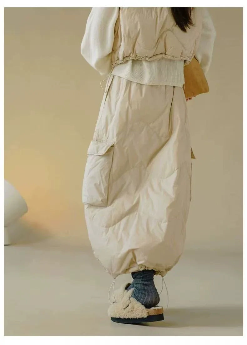 Quilted Padded Maxi Skirt with Cargo Pockets