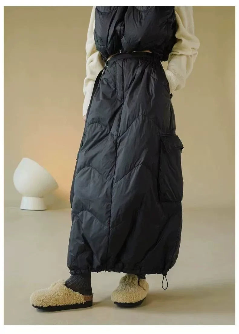 Quilted Padded Maxi Skirt with Cargo Pockets