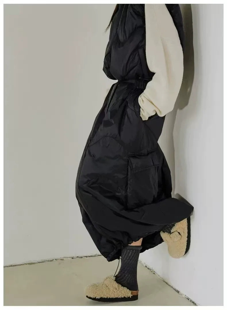Quilted Padded Maxi Skirt with Cargo Pockets