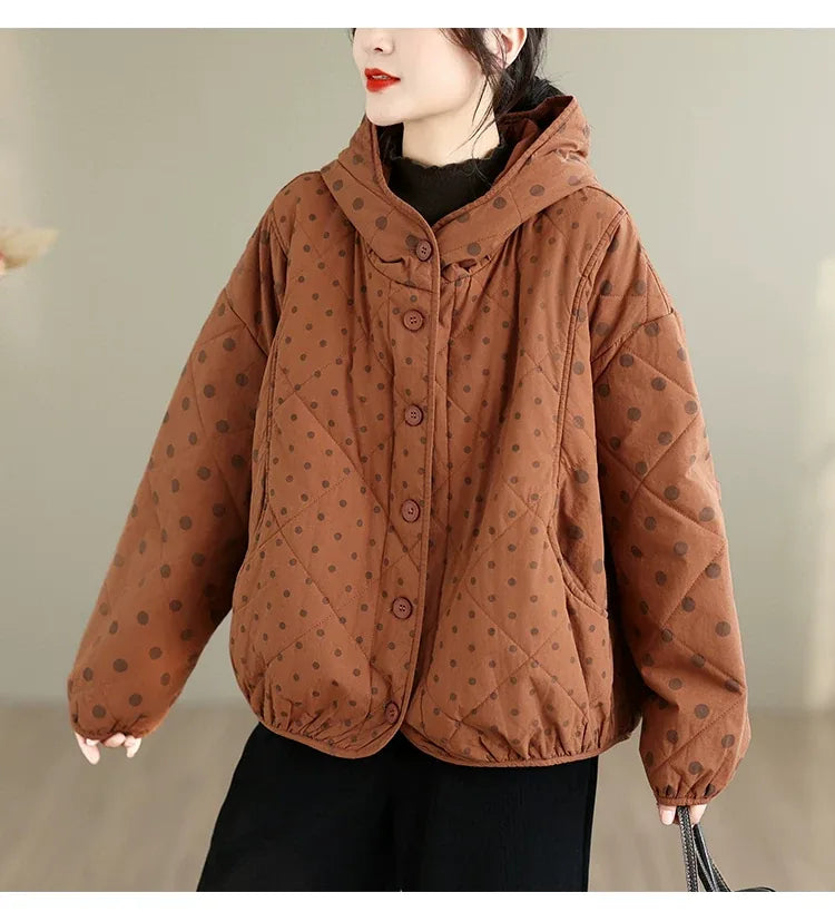Quilted Polka Dot Hooded Padded Jacket