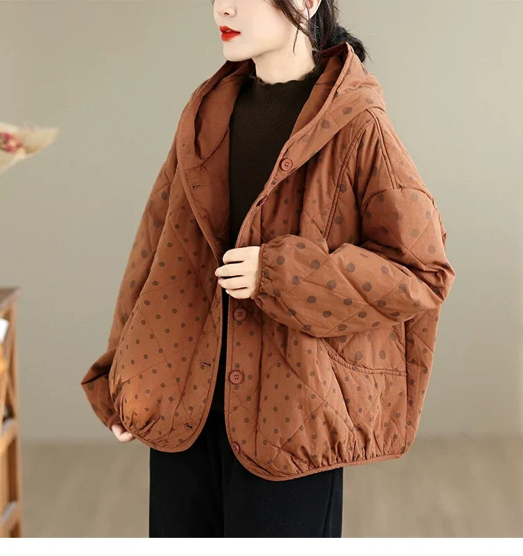Quilted Polka Dot Hooded Padded Jacket