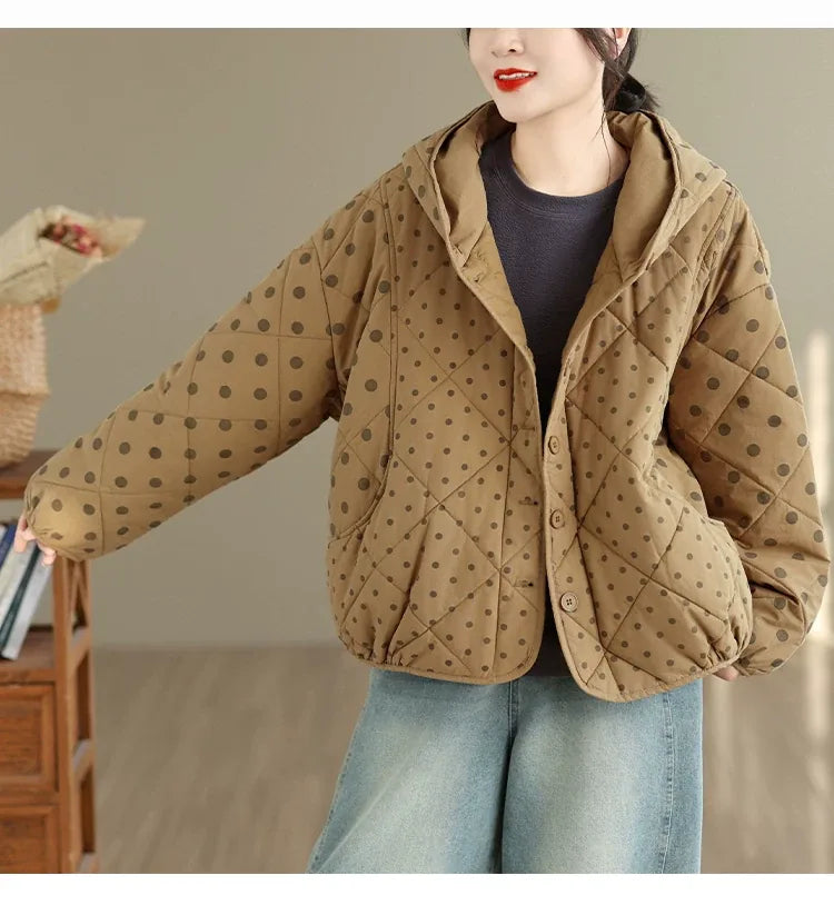 Quilted Polka Dot Hooded Padded Jacket
