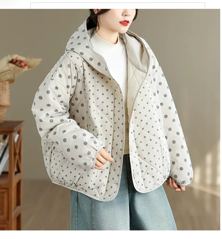 Quilted Polka Dot Hooded Padded Jacket