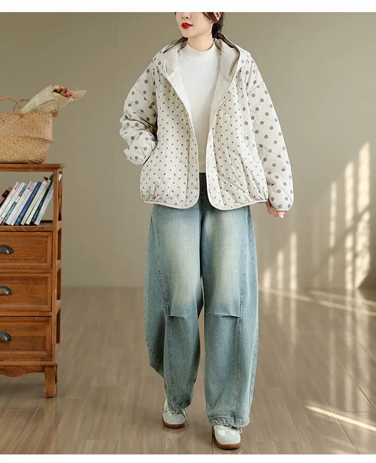 Quilted Polka Dot Hooded Padded Jacket