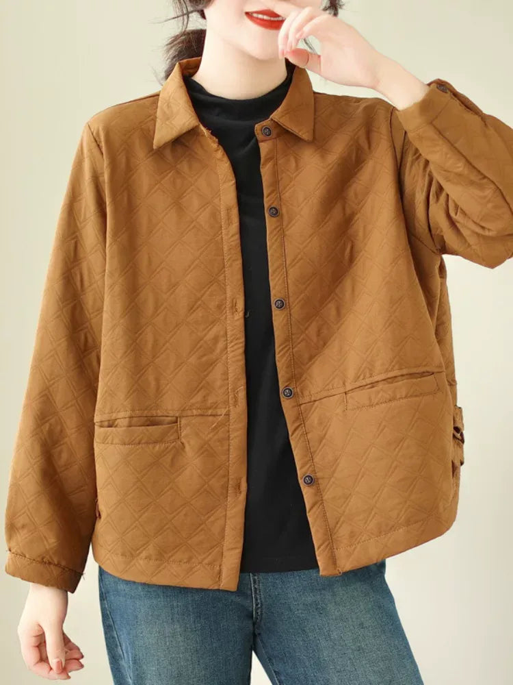 Quilted Shirt Collar Jacket with Patch Pockets