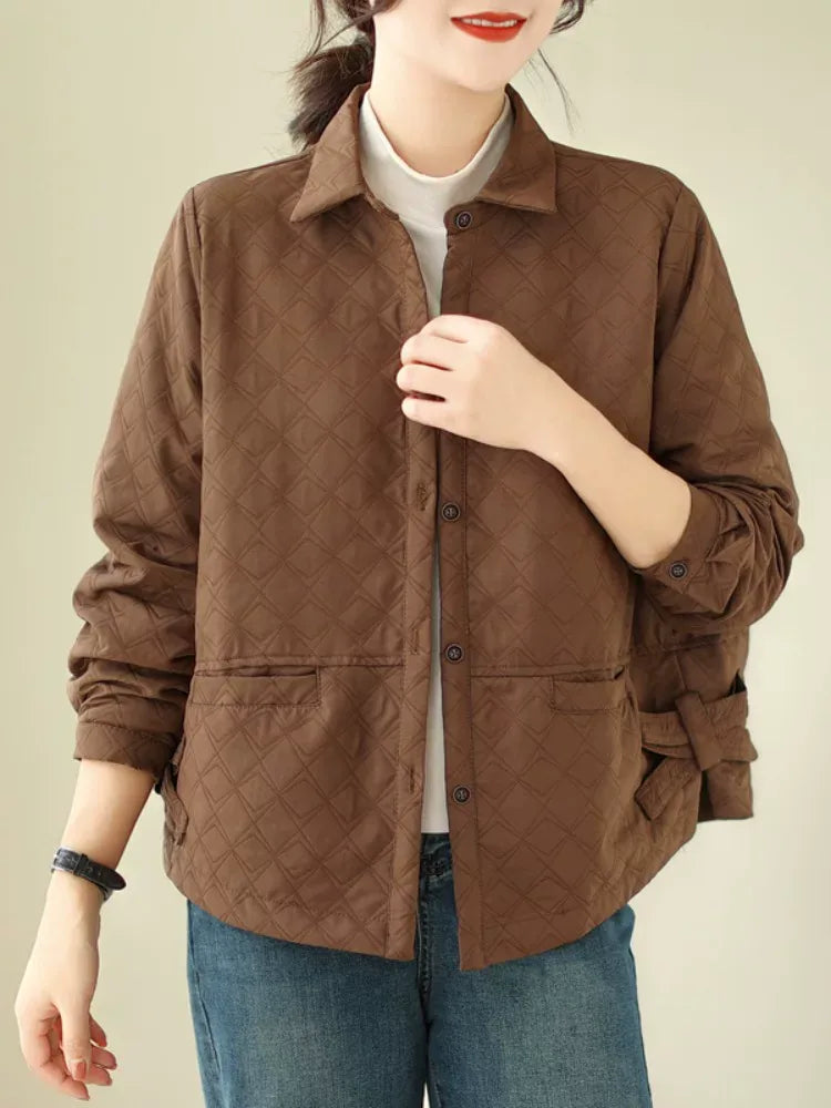 Quilted Shirt Collar Jacket with Patch Pockets