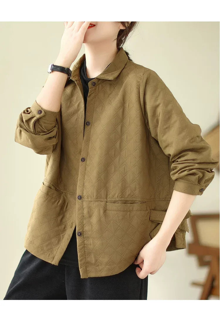 Quilted Shirt Collar Jacket with Patch Pockets
