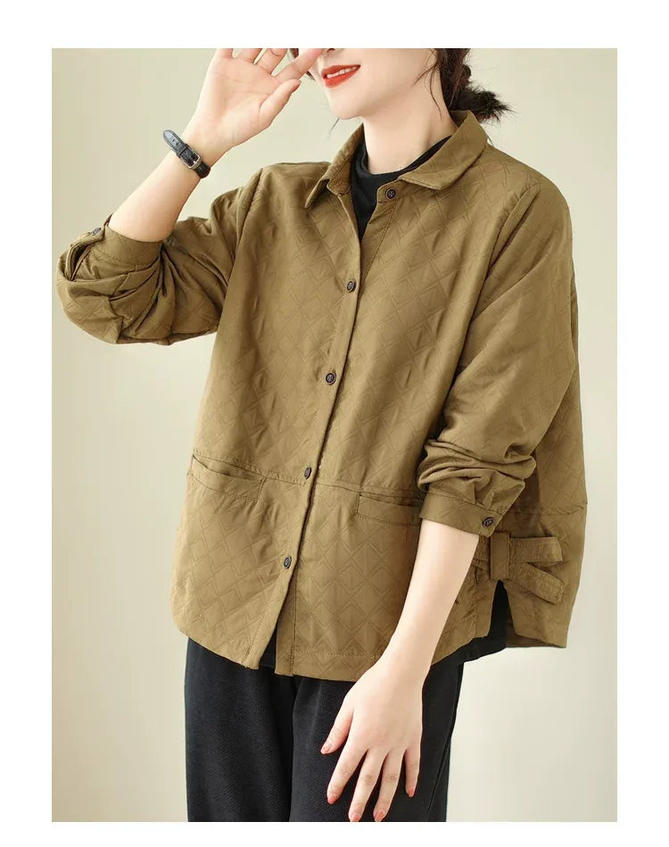 Quilted Shirt Collar Jacket with Patch Pockets