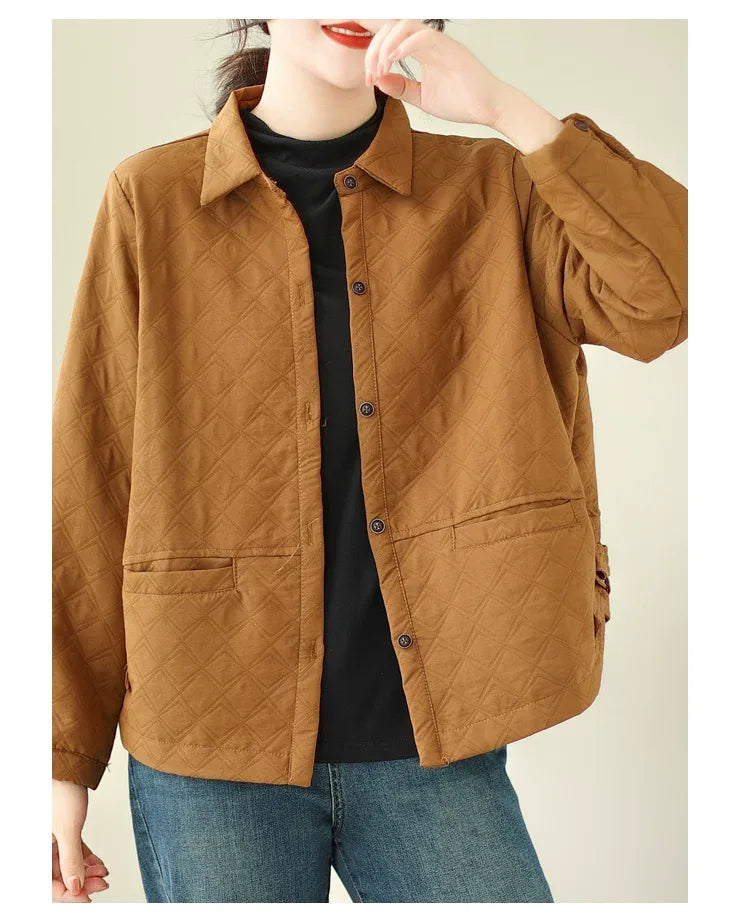 Quilted Shirt Collar Jacket with Patch Pockets