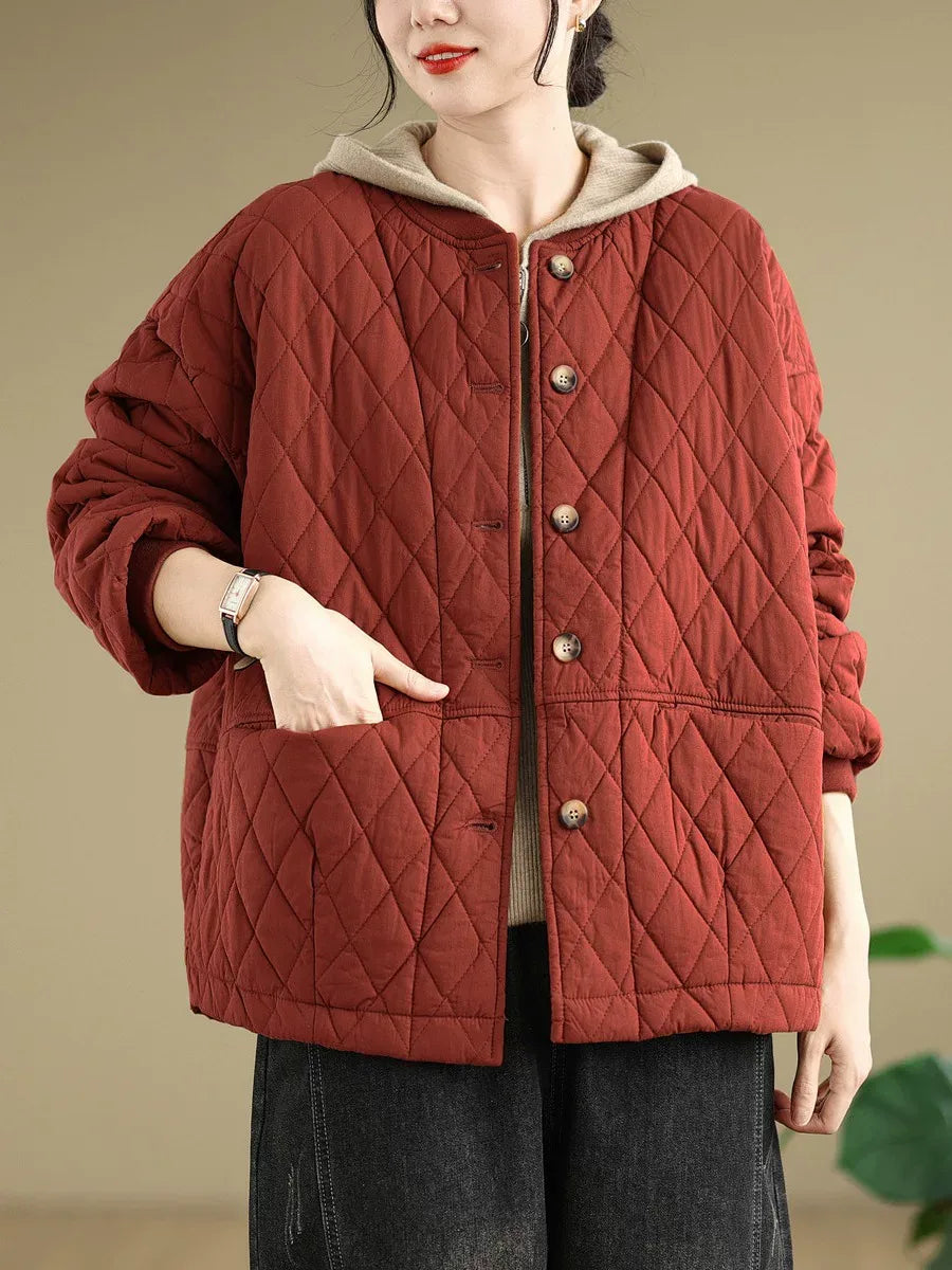 Quilted Stand Collar Padded Jacket with Patch Pockets