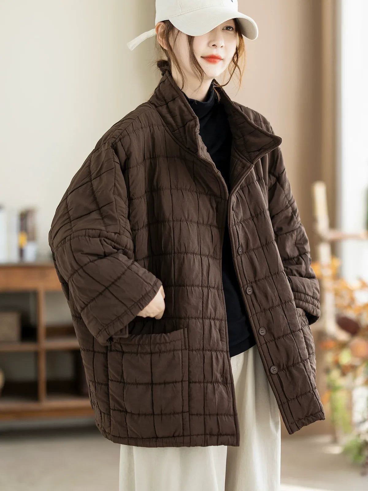 Quilted Stand Collar Padded Jacket with Patch Pockets