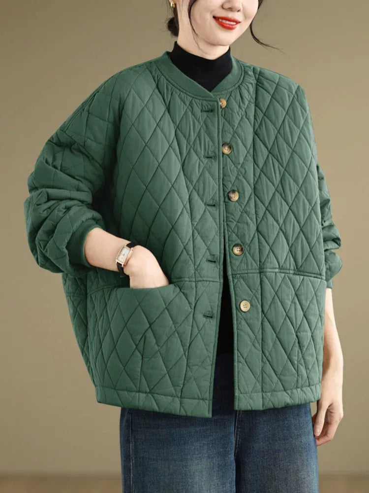 Quilted Stand Collar Padded Jacket with Patch Pockets