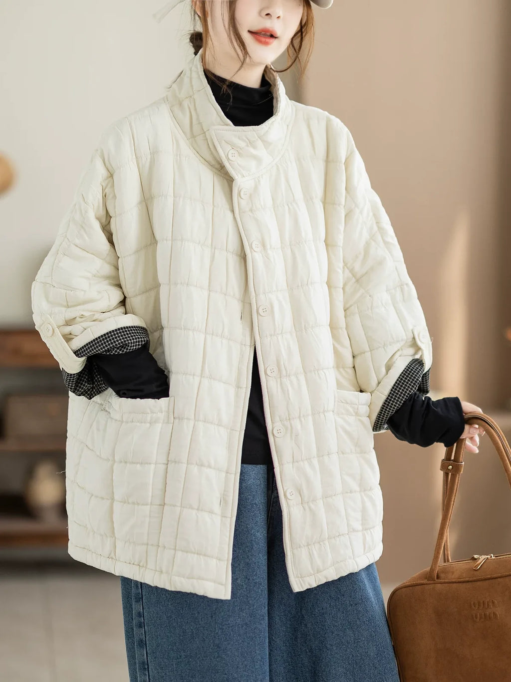 Quilted Stand Collar Padded Jacket with Patch Pockets