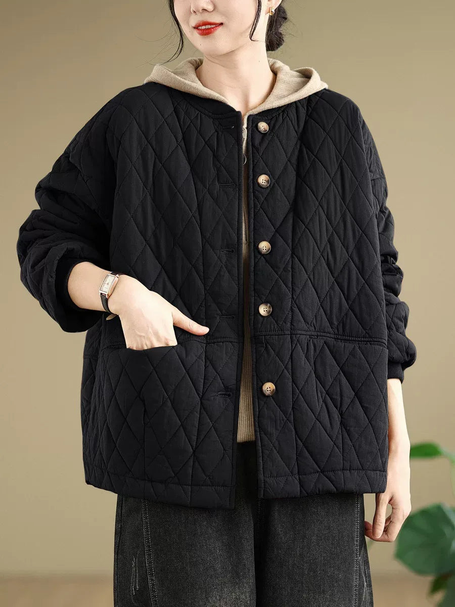 Quilted Stand Collar Padded Jacket with Patch Pockets