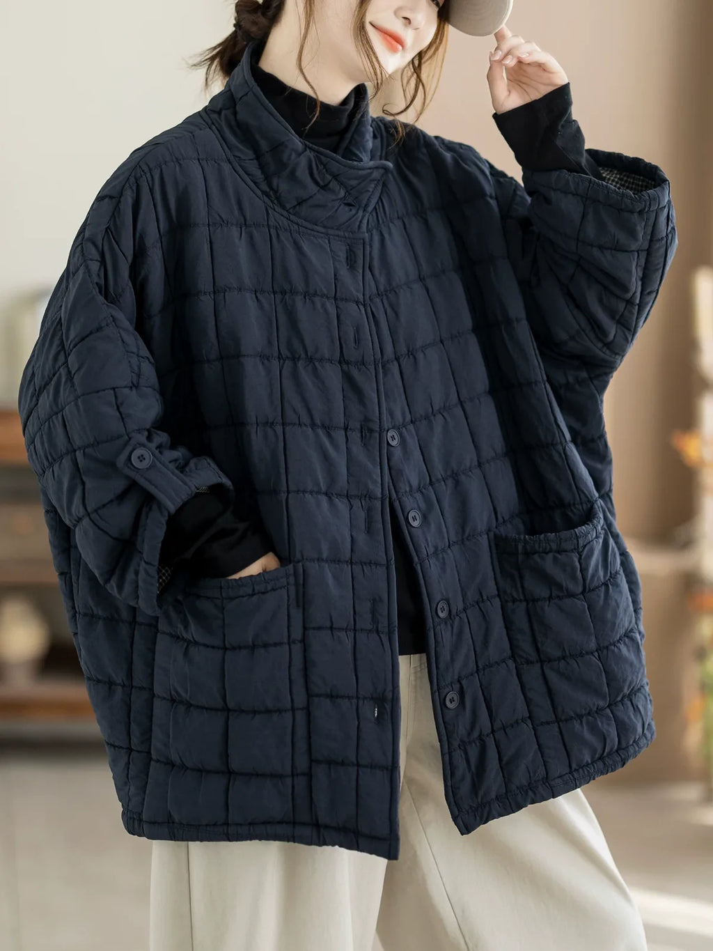 Quilted Stand Collar Padded Jacket with Patch Pockets