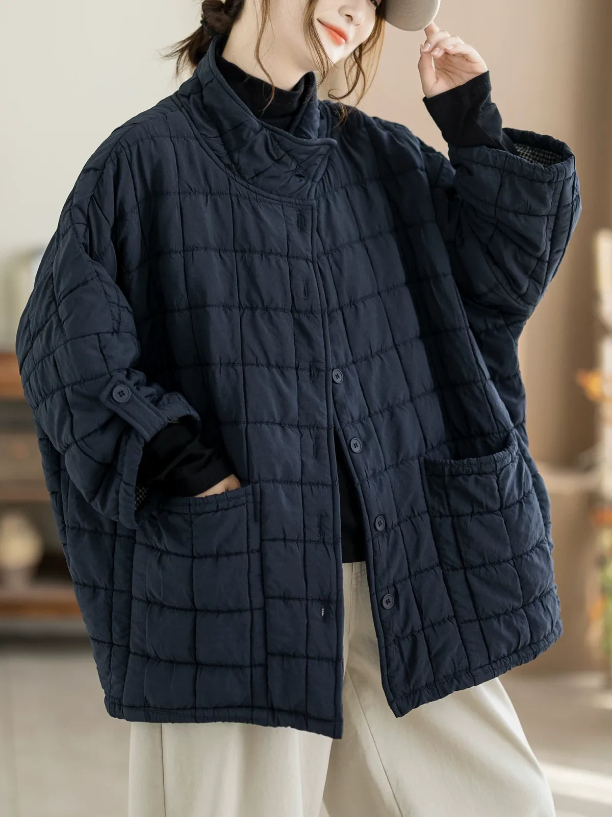 Quilted Stand Collar Padded Jacket with Patch Pockets