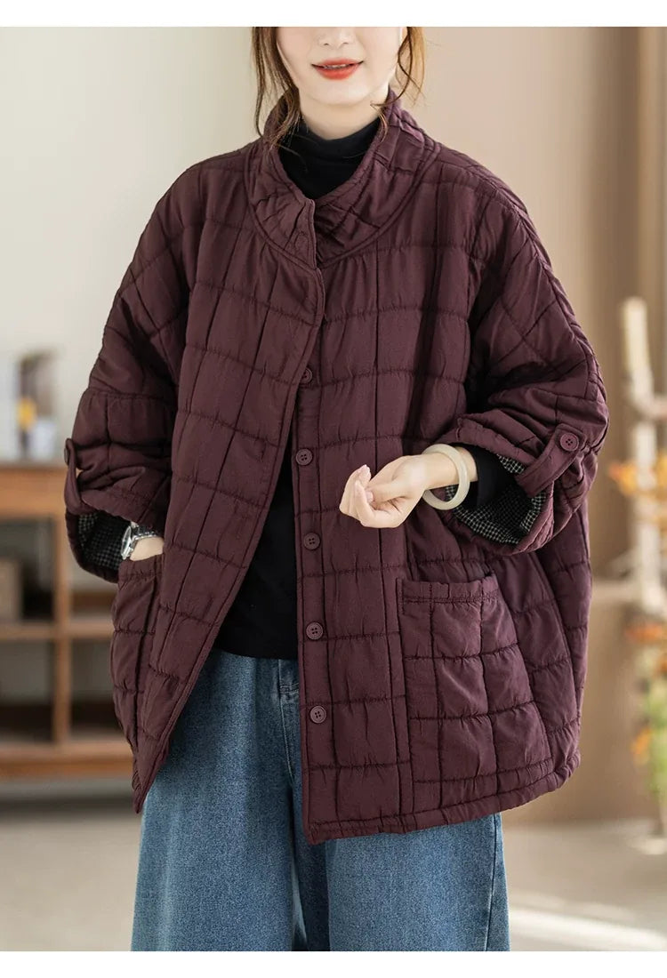 Quilted Stand Collar Padded Jacket with Patch Pockets