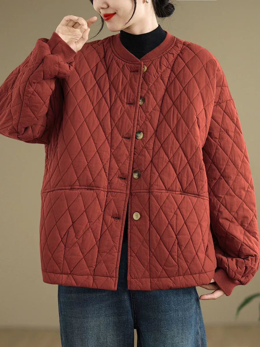 Quilted Stand Collar Padded Jacket with Patch Pockets