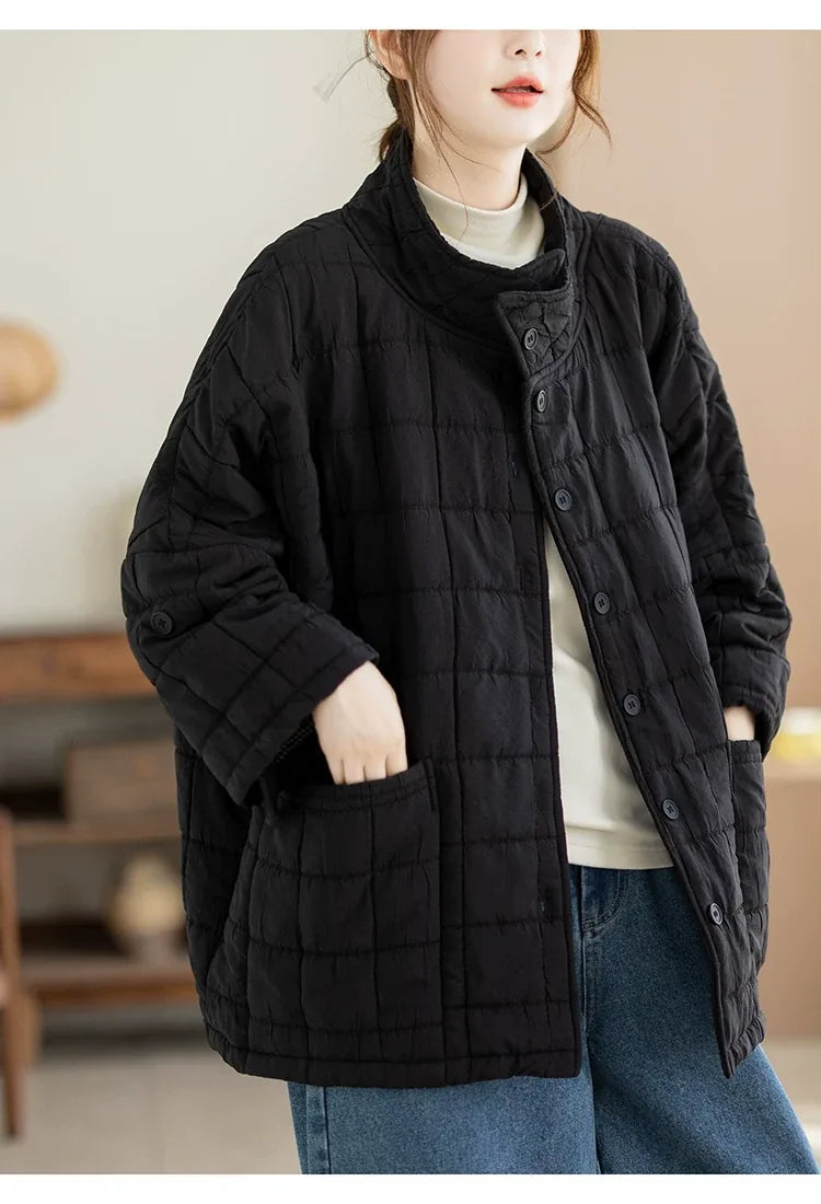 Quilted Stand Collar Padded Jacket with Patch Pockets