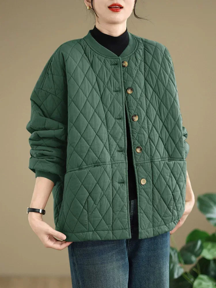 Quilted Stand Collar Padded Jacket with Patch Pockets