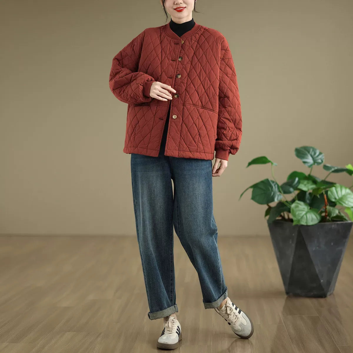 Quilted Stand Collar Padded Jacket with Patch Pockets