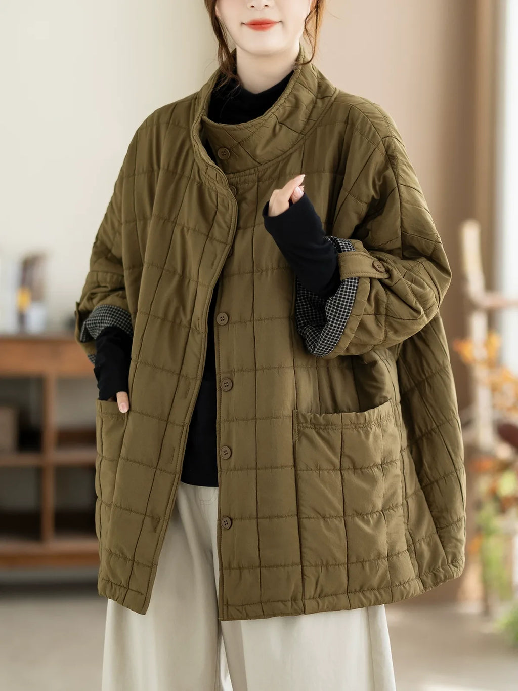 Quilted Stand Collar Padded Jacket with Patch Pockets