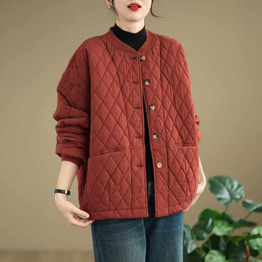 Quilted Stand Collar Padded Jacket with Patch Pockets
