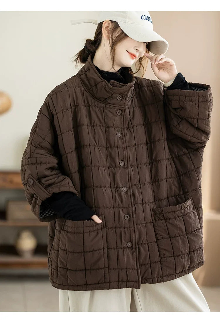 Quilted Stand Collar Padded Jacket with Patch Pockets