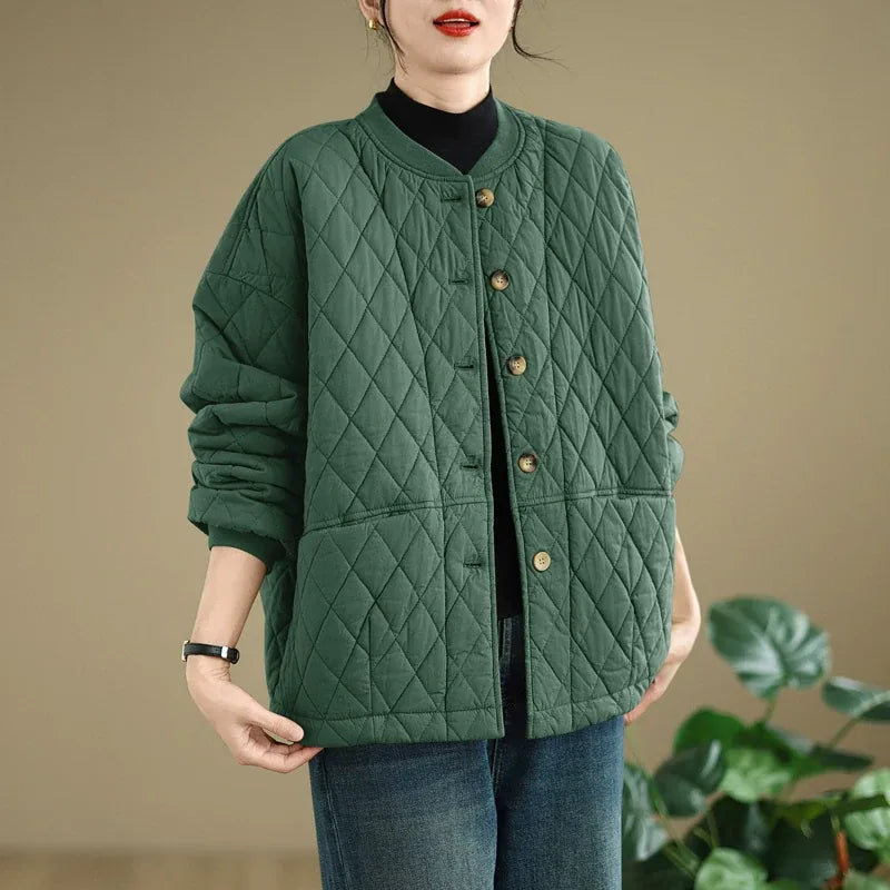 Quilted Stand Collar Padded Jacket with Patch Pockets