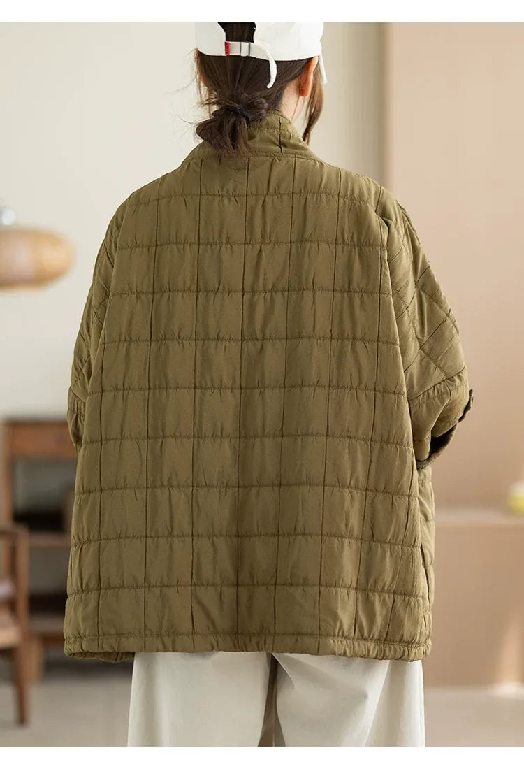 Quilted Stand Collar Padded Jacket with Patch Pockets