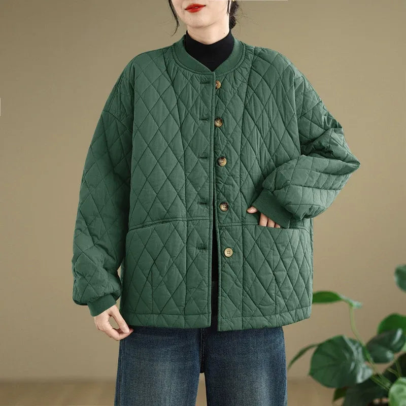 Quilted Stand Collar Padded Jacket with Patch Pockets