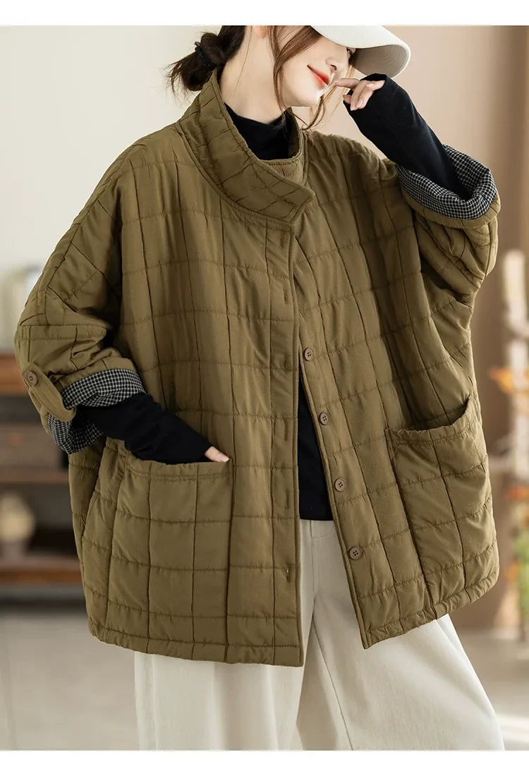 Quilted Stand Collar Padded Jacket with Patch Pockets