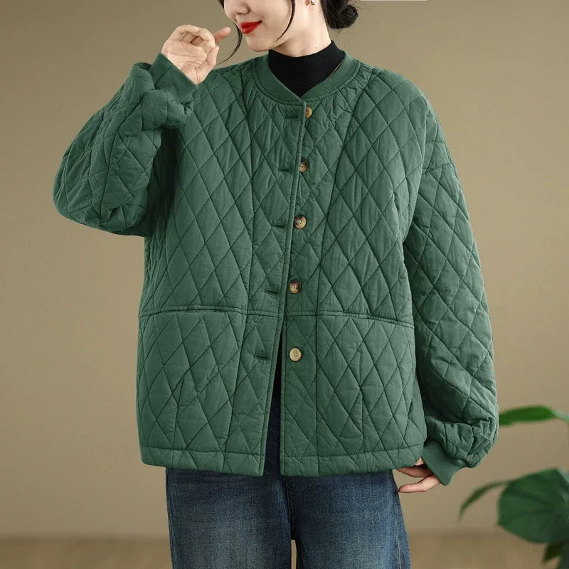 Quilted Stand Collar Padded Jacket with Patch Pockets