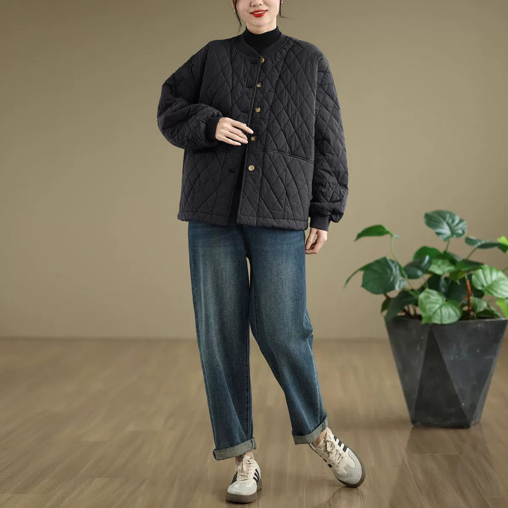 Quilted Stand Collar Padded Jacket with Patch Pockets