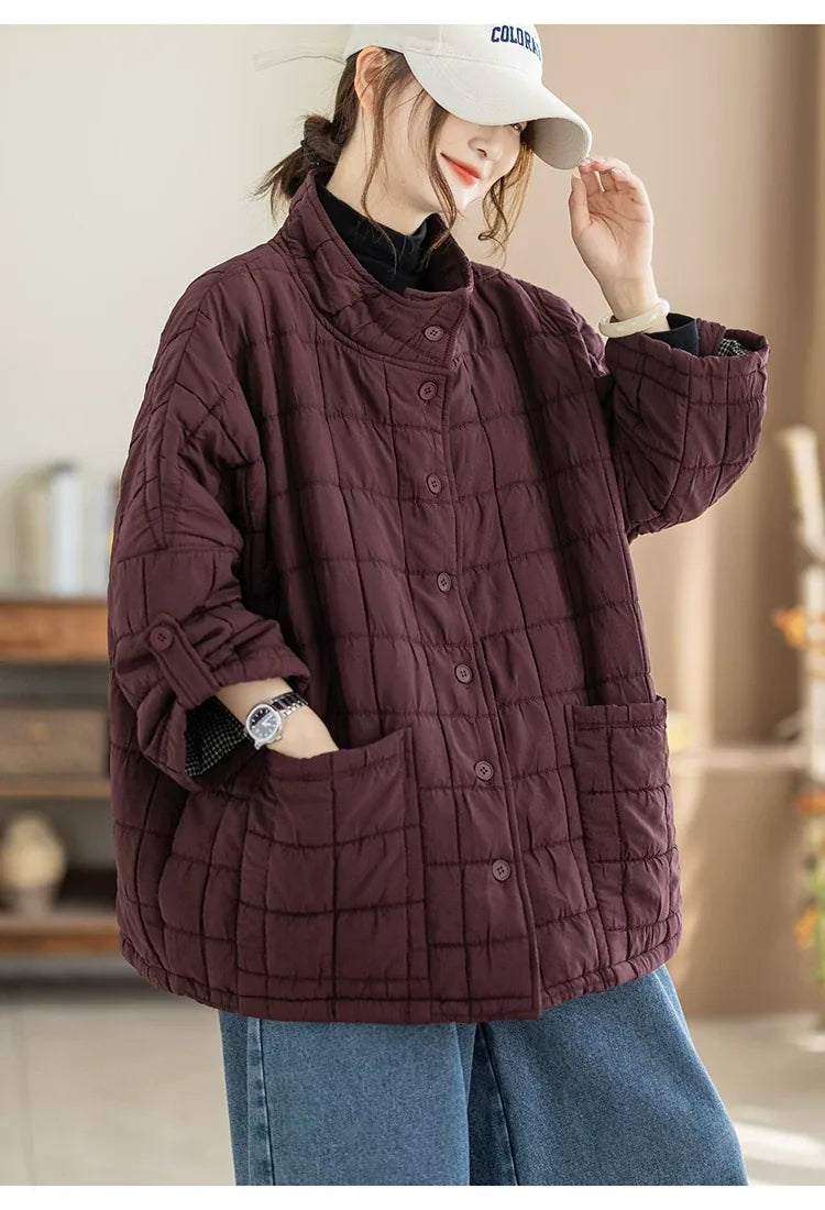 Quilted Stand Collar Padded Jacket with Patch Pockets