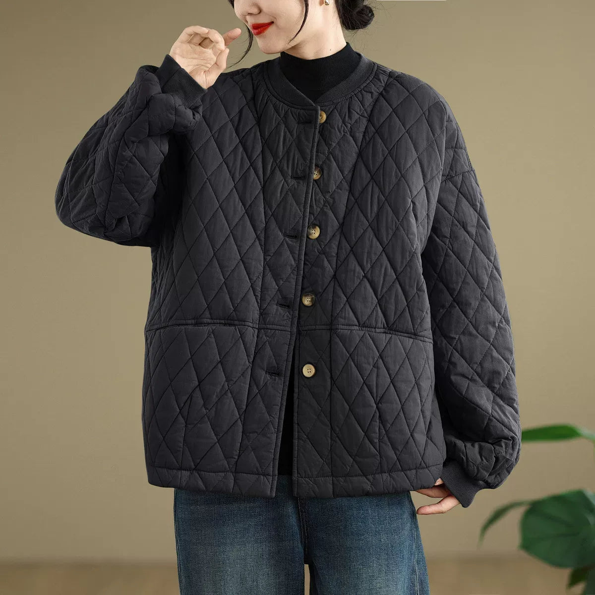 Quilted Stand Collar Padded Jacket with Patch Pockets