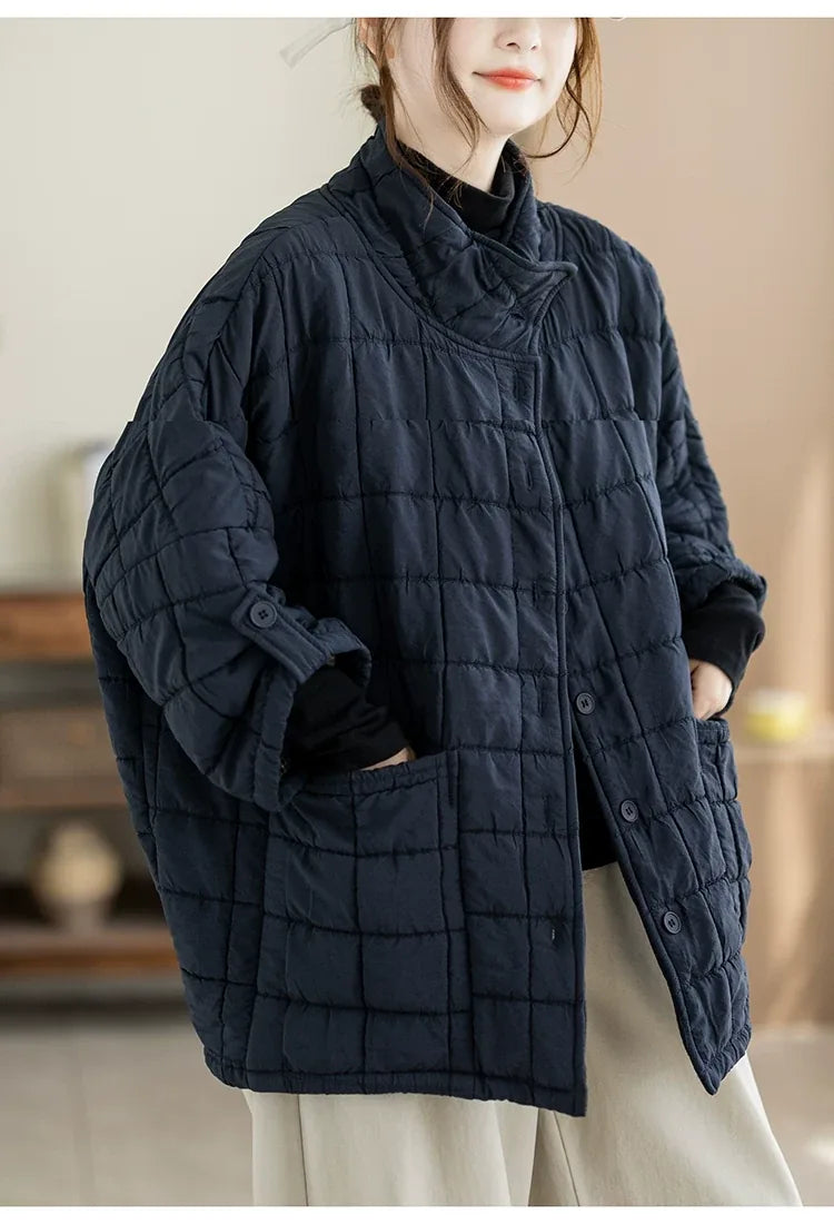 Quilted Stand Collar Padded Jacket with Patch Pockets