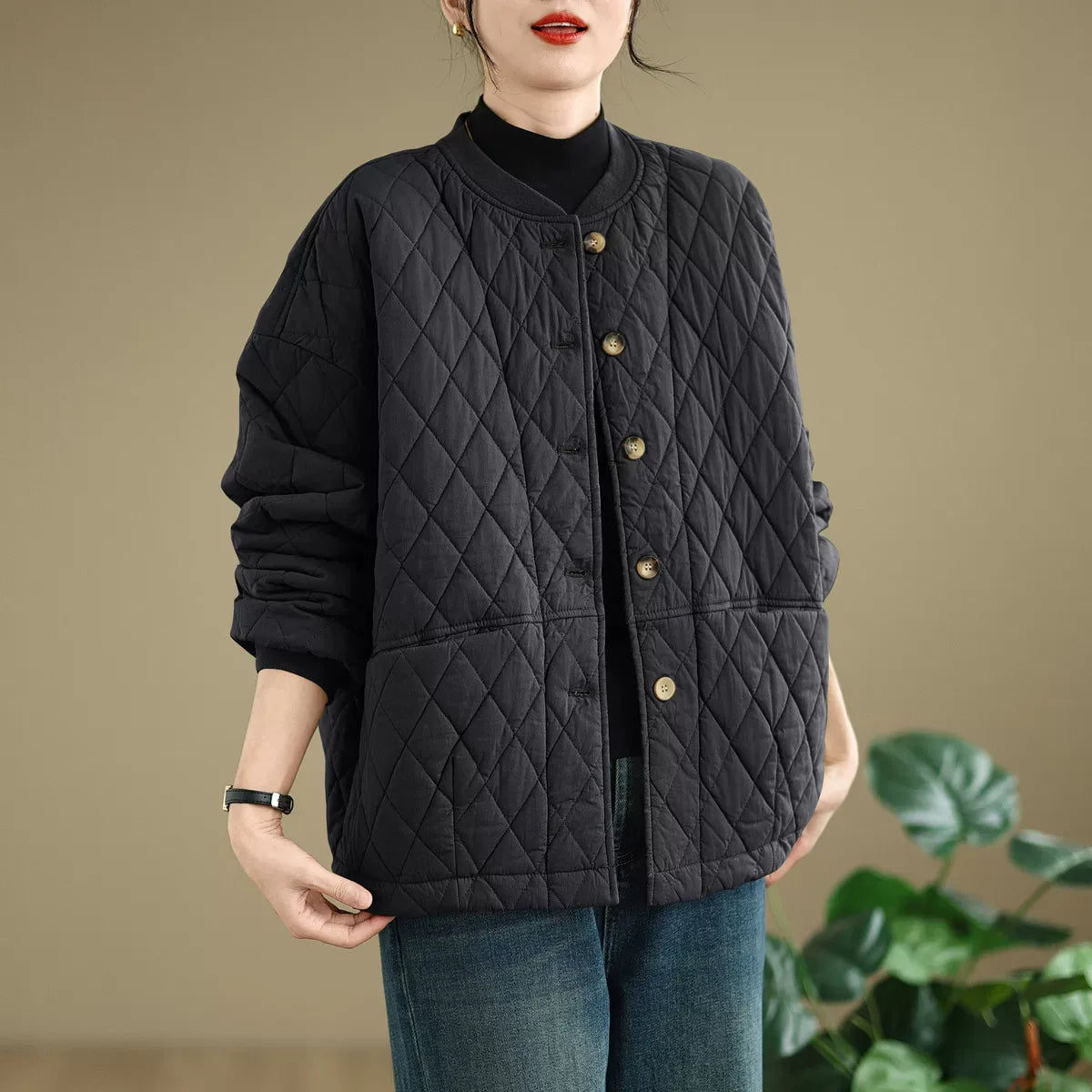 Quilted Stand Collar Padded Jacket with Patch Pockets