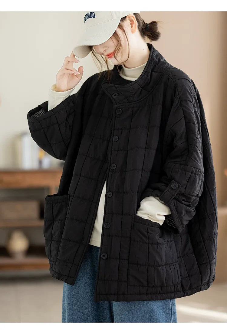 Quilted Stand Collar Padded Jacket with Patch Pockets