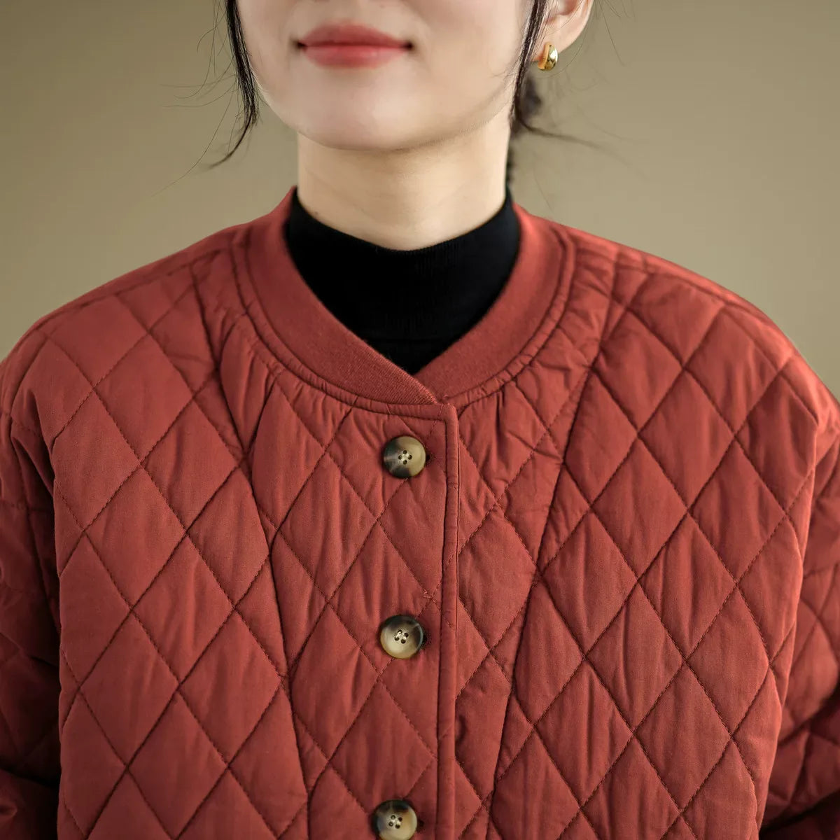 Quilted Stand Collar Padded Jacket with Patch Pockets