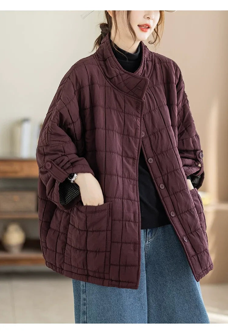 Quilted Stand Collar Padded Jacket with Patch Pockets
