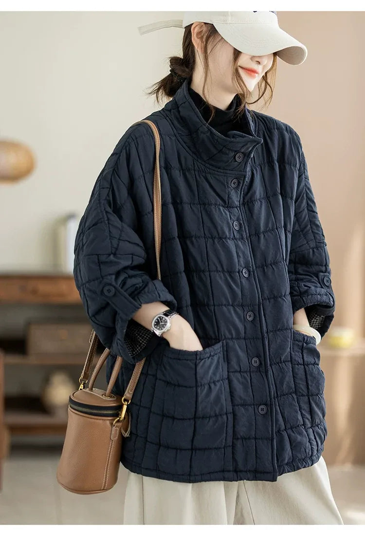 Quilted Stand Collar Padded Jacket with Patch Pockets