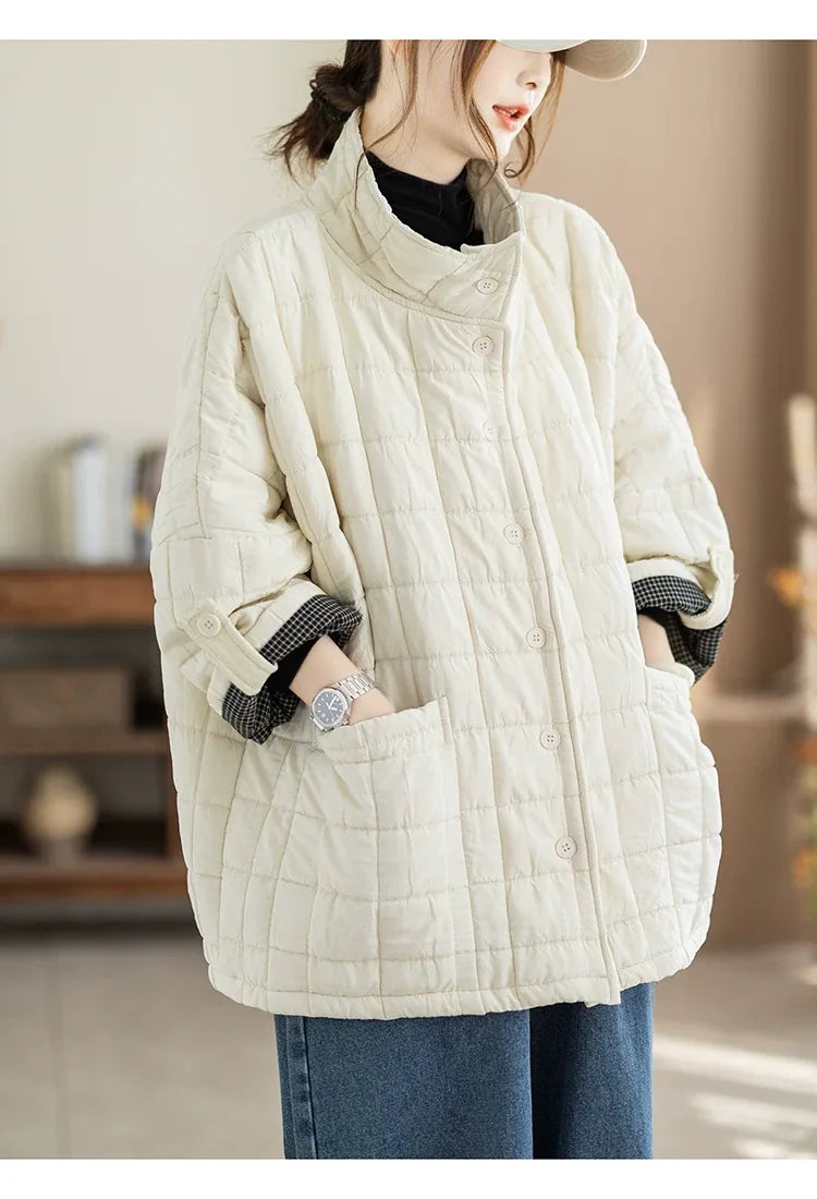 Quilted Stand Collar Padded Jacket with Patch Pockets