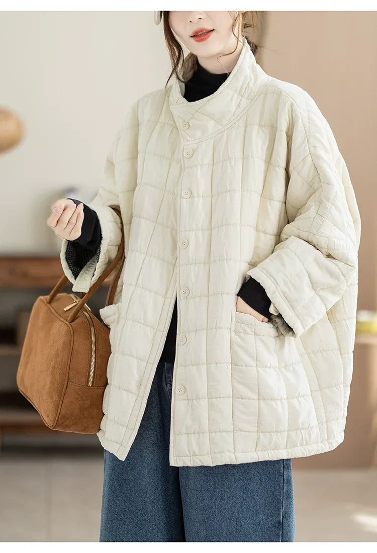Quilted Stand Collar Padded Jacket with Patch Pockets