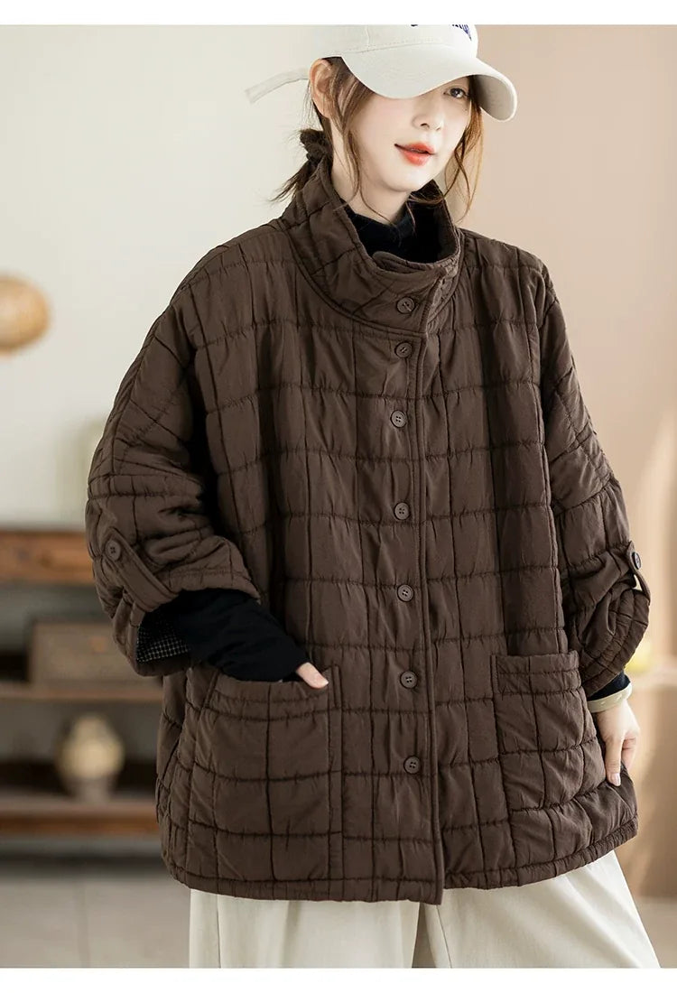 Quilted Stand Collar Padded Jacket with Patch Pockets